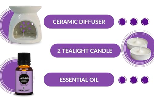 Image of Earth N Pure Diffuser Gift Set | Pack of - 1 Lavender Essential Oil Therapeutic Grade - 15ml, 1 Ceramic Aroma Diffuser /Burner, 2 Tealight Candles | for Home Decor