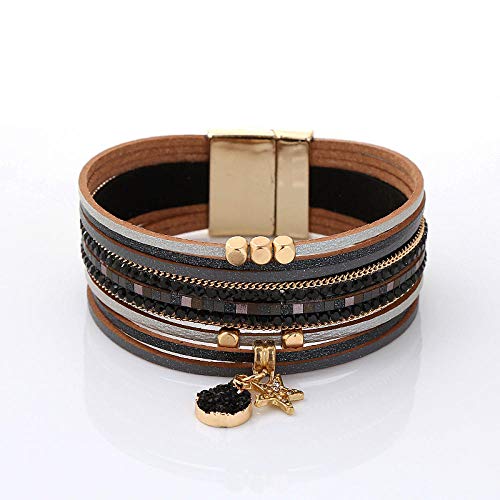 Bracelet en cuir pour femmes avec design rétro à multicouche noir de mode