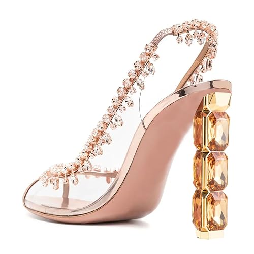 FSJ Women Clear Rhinestone Peep Toe Slingback Pumps Chunky Block High Heel Sparkling Crystal Slip On Party Dance Sexy Dress Shoes Size 4-16 US3