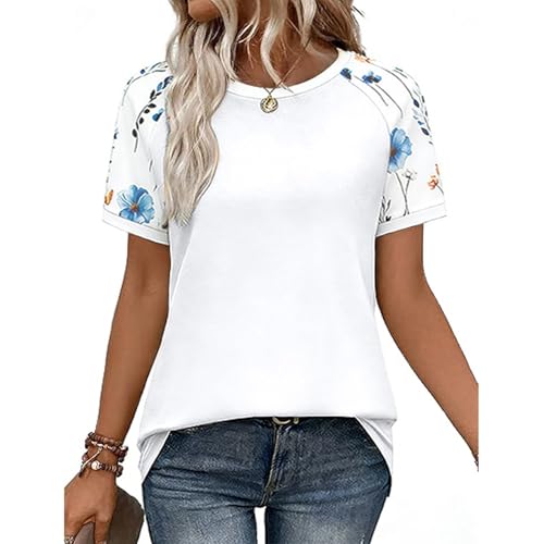 Tee Shirt Femme éTé T-Shirt Col Rond LéOpard Imprimé Manches Courtes Blouse éLéGant Top Haut Femme (Blanc, L)