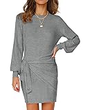 MEROKEETY Women's Puff Sleeve Tie Waist Sweater Dress Solid Color Soft Knitted Bodycon Mini Dress...