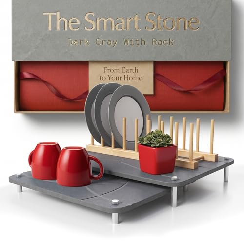 Nested Dish Drying Stone Mat with Bamboo Rack | 2 Pcs Diatomaceous Earth Stone Drying Mats for Kitchen Counter with Non-Slip Feet | Collapsible Large Drying Stone for Dishes (Dark Gray)