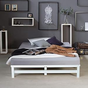 Homestyle4u 1966, Holzbett Palettenbett 140×200 cm, Bettgestell mit Lattenrost, Weiß, Kiefer Massivholz
