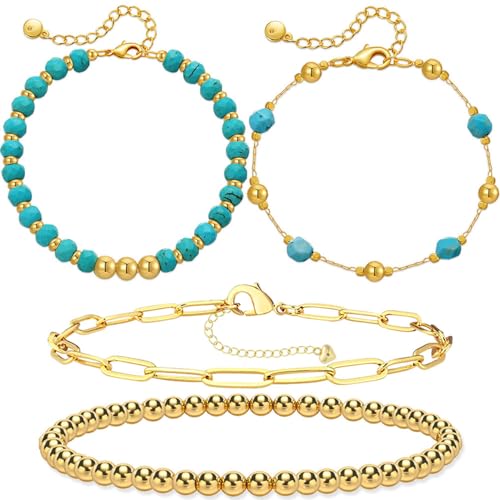 Myofeng 4 Pcs Turquoise Bracelets Bohemian wind 14K Gold Beaded Bracelets Stackable Adjustable Paperclip Link Stretch Bracelets Charm Jewelry Present for Women
