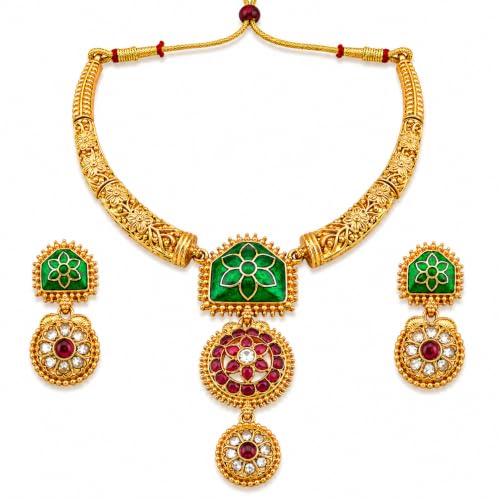Image of Gold-Plated Antique Temple Jewellery Set for Women - Traditional Necklace with Large Peacock Pendant & Matching Jhumka Earrings | Ethnic Festive & Bridal Wear Set with Ruby & Emerald Accents