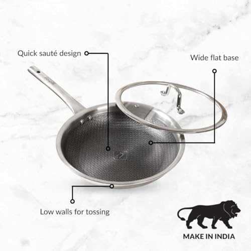 Image of Nestasia Triply Stainless Steel Honeycomb Fry Pan with Glass Lid 24 cm (1.75L) - Non Stick Frying Pan with Air Vent Lid for Healthy Cooking | Induction & Gas Stove Friendly, Even Heating, Less Oil Use