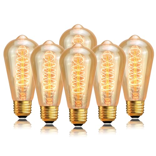 Sevici Edison Light Bulb 60W 6 Pack, ST64 Vintage E26 Incandescent Light Bulbs, 2200K Warm Dimmable Amber Spiral Filament, Antique Style Retro Glass Decorative Bulb for Table Lamp Home Office