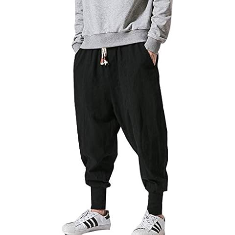 Siehin Men’s Cotton Linen Drawstring Elastic Waist Harem Pants Loose Yoga Jogger Trousers Casual Ankle Length Pants (XL (Label:3XL), Black) Cover