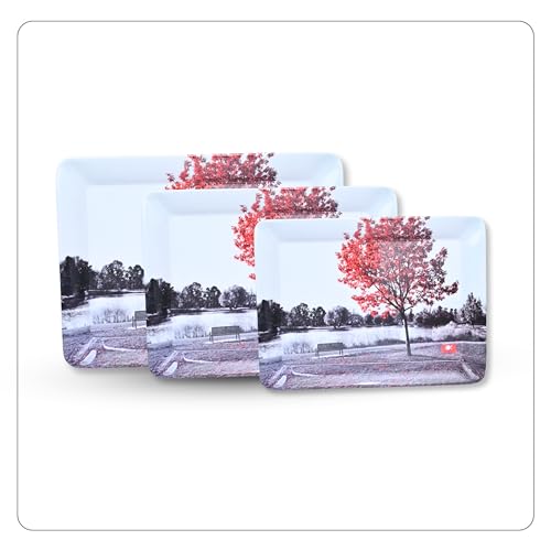 Image of Printed Rectangular Melamine Serving Tray| Tray for Serving Tea, Coffee, Snacks | Break Resistant| Double Laminated | Multi-use | Easy to Clean| | Tray Set of 3 (Small, Medium, Large)(Cherry Blossom)