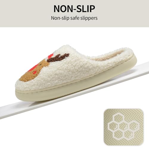 Women Christmas Reindeer Holiday Slippers：Moose Cute Cartoon Elk Fuzzy Warm House Men Xmas Winter Soft Cozy Slippers4