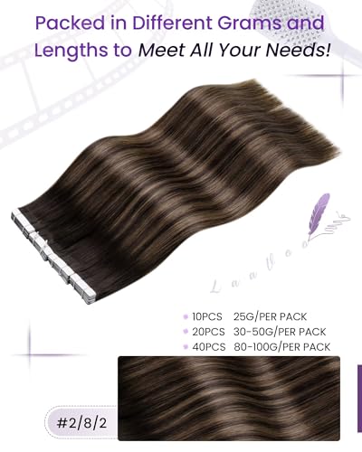 Image of LaaVoo Hair Extensions Tape in Ombre Brown to Light Brown Tape in Hair Extensions Human Hair Straight Tape on Extensions Human Hair Natural 14 Inch 50g 20Pcs