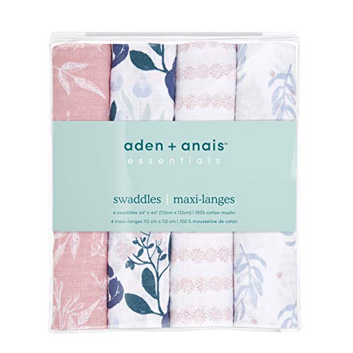Image of aden + anais Essentials Muslin Swaddle Blankets for Baby Girls and Boys, Newborn Receiving Blanket for Swaddling, 100% Cotton Baby Swaddle Wrap, 4 Pack, Flowers Bloom