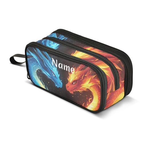 Image of Custom Dragons Red Blue Fire Eyes Pencil Case Box Boys Girls Personalized Name Large Pencil Pouch Stationery Pen Bag Organizer for Kids Adults School Office