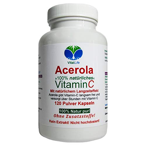 ACEROLA Vitamin-C-Wunder 120 Pulver Kapseln - NATÜRLICHER Langzeiteffekt und hohe Bioverfügbarkeit dank Antioxidantien, B-Vitamine uvm. 100% NATUR pur. OHNE Zusatzstoffe! 26389-120