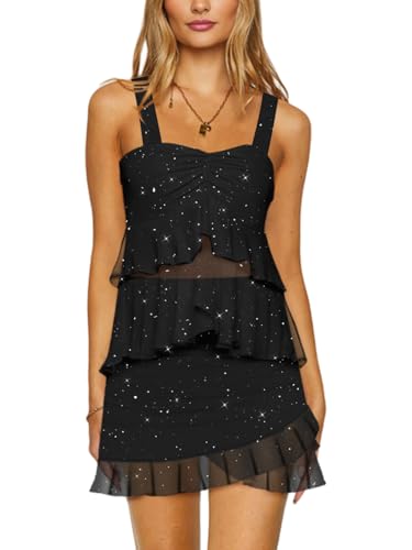 Lrady Women's Two Piece Skirt Sets Summer Peplum Tank Tops Ruffle Y2K Mini Skirts Bodycon Club Dress Outfits