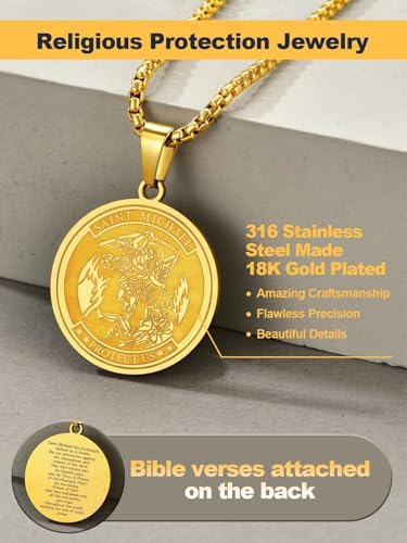Image of U7 Saint Michael Necklace for Men,Stainless Steel /18K Gold Plated St Michael Archangel /Saint Benedict /Saint Christopher Pendant Amulet Necklace for Men Women