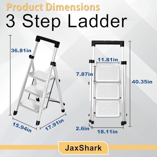 JaxShark 3 Step Ladder with Handrail Folding Step Stool with Tool Tray 500LBS Capacity Sturdy Carbon Steel Frame Anti-Slip Stripe Pedal for Home Kitchen Garage (white-3step) by JaxShark - Image 6