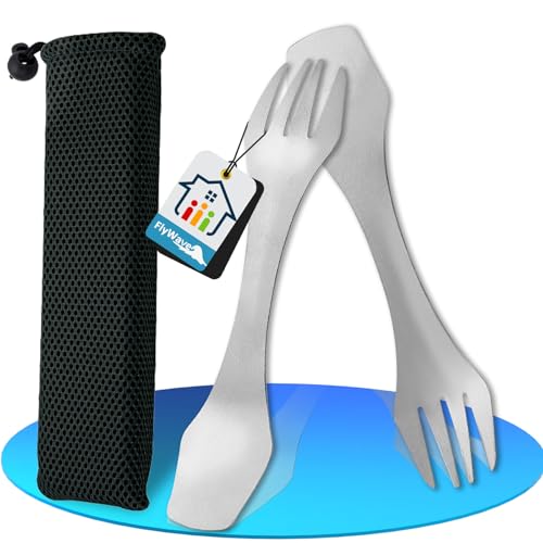 FlyWave Ultraléger Spork 2 en 1, Cuillère-Fourchette Camping, Multifonctionnel Ustensiles Portables pour Voyage Randonnée Outdoor, Réutilisable avec Pochette, Lot de 2