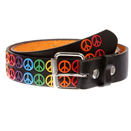 Snap On Peace Sign Concho Leather Belt - Rainbow or Silver options