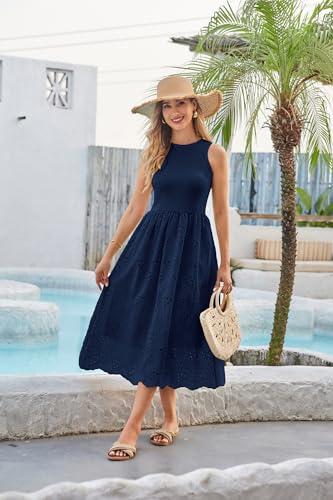 GRACE KARIN Women's Summer Sleeveless Tank Dress A Line Midi Dress Eyelet Crewneck Casual Holiday Dress with Pockets2