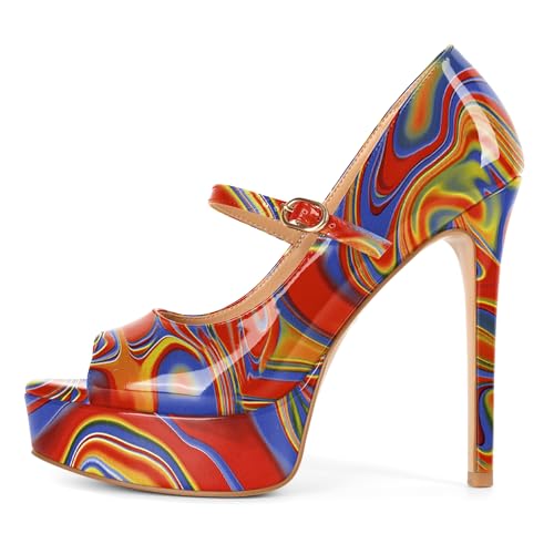 Image of SAMMITOP Women's Peep Toe High Heels Platform Stiletto Pumps Patent Mary Jane Heels 5.5 inch Party Wedding Dress Shoes
