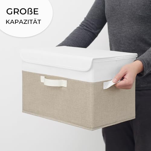 GRANNY SAYS Aufbewahrungsboxen mit Deckel, 2 Stück Kisten Aufbewahrung Stoff, Faltbare Organizer Box mit Deckel, Aufbewahrungskörbe für Kleidung, weiß-braun Faltboxen mit Deckel für Kleiderschrank