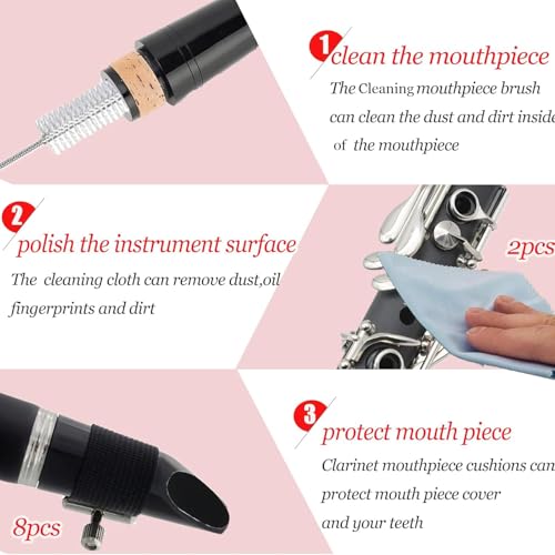 60 Pcs Clarinet Cleaning Kit, Saxophone Cleaning Kit,Clarinet Accessories,Mouthpiece Brush,Dust Brush,Cleaning Cloth,Clarinet Reeds Swabs,Finger Rest,Cork Grease,Pads Absorbent Cloth,Cleaning Care Kit