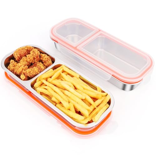 2 cajas de almuerzo de acero inoxidable con 2 compartimentos con tapa a prueba de fugas, caja de aperitivos de metal, recipiente de alimentos dividido, caja bento apta para microondas y lavavajillas