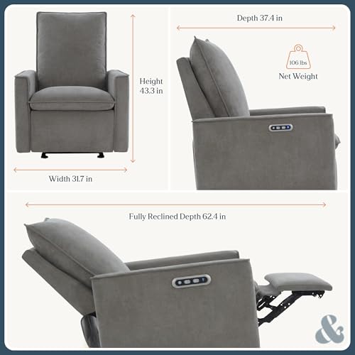 Image of Nurture& Montauk Power Glider Recliner - Premium Nursery Recliner Chair with USB‑A /C, Adjustable Headrest & Gentle Glide, Stain‑Resistant Upholstery, Comfortable & Space‑Smart, Gray