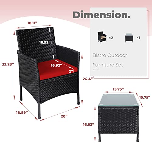 Incbruce 3 Piece Chairs For Patio, Front Porch Outdoor Wicker Small Furniture, Set Of 2 With Glass Top Coffee Table Bistro Set (Red Thickened Cushion) #TOP4