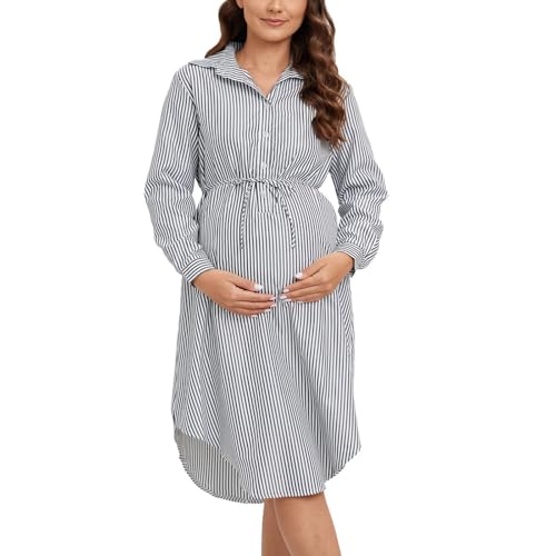 Vestido de Maternidad Mujeres Camisa Manga Larga Embarazadas Ropa Fruncida para Embarazadas Moda Casual Estampado de Raya Primavera Verano Blusa Vestido Largo premamá Negocios Oficina
