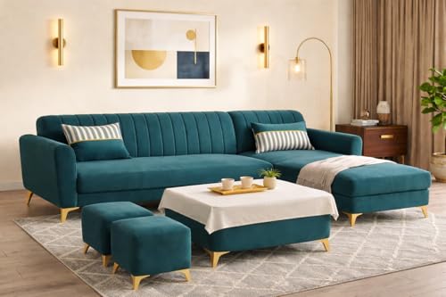 Image of Adorn India Premium Luster 8 Seater L Shape Sofa Set with 2 Puffy & 1 Center Table | Velvet Suede Fabric | 3-Year Warranty | RHS | Ocean Blue with Golden Legs & Striped Pattern Cushion