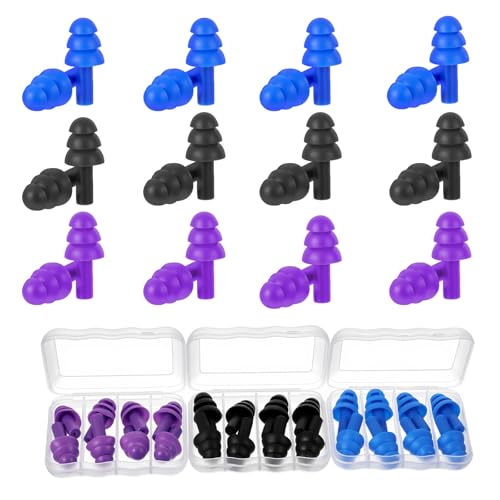 Nogeqi 12 Pairs Reusable Ear Plugs for Sleeping Silicone Earplugs Soft for Swimming Noise Cancelling for Snoring, Concert, Work, Study, Noisy Places (Black Blue Purple)