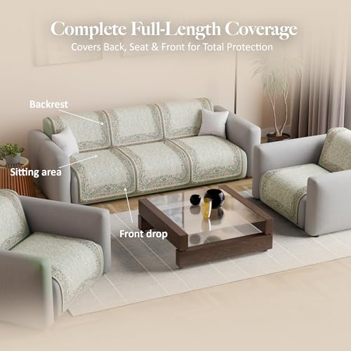 Image of Kuber Industries 5 Seater Sofa Cover | Velvet Slipcover for Living Room | Thick & Cozy | Non-Slip Comfort Sofa Cover Set | Digital Painting Juliet 1186 - Beige & Green