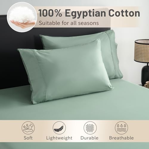 MEISHANG Extra Deep Pocket Queen Sheets Cotton - 1000 Thread Count Sheets Queen - Fits 18"-24" in Deep Mattress,100% Egyptian Cotton,Sateen Weave, Soft & Breathable - 4 Piece (Queen, Sage Green)