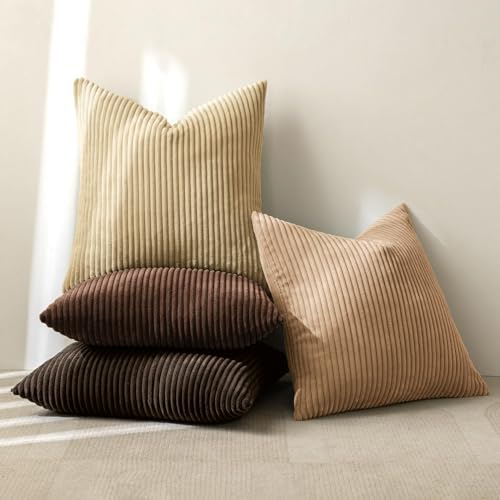 Image of MIULEE Boho Farmhouse Throw Pillow Covers 18x18 Inch Set of 4 Rustic Mordern Neutral Cushion Covers Soft Corduroy Nordic Fall Home Decor for Couch Bed Sofa Living Room Dark Brown