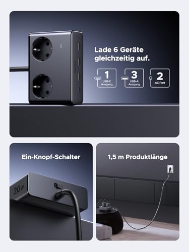 UGREEN Steckdosenleiste mit USB C Mehrfachsteckdose Schalter 6-Fach 20W Schnellladen 3680W Steckdosenwürfel mit Überspannungsschutz mit 1,5m Verlängerungskabel für Schreibtisch,Büro