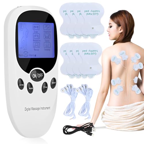 TENS Electroestimulador, Dispositivo de Estimulación TENS de 2 Canales con 8 Electrodos, Estimulador Muscular con 6 Modos y 11 Intensidades, para el Alivio del Dolor