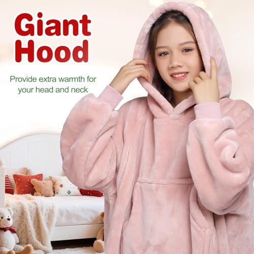 Image of Waitu Wearable Blanket for Kids, Wearable Blanket Hoodie for Teens Girls Boys, Warm Blanket Sweatshirt Gift for Teenage, Hoodie Blanket with Sleeves and Giant Pocket - Pink