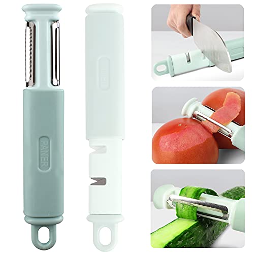 HAIJIN 3 in 1 Vegetable Peeler 2 Stage Knife Sharpener Serrated Peeler for Kitchen Stainless Steel Veggie Fruit Potato Peeler for Hard Skinned Carrot Potatoes, Aqua, 7.7x1.3x0.89in, 4616