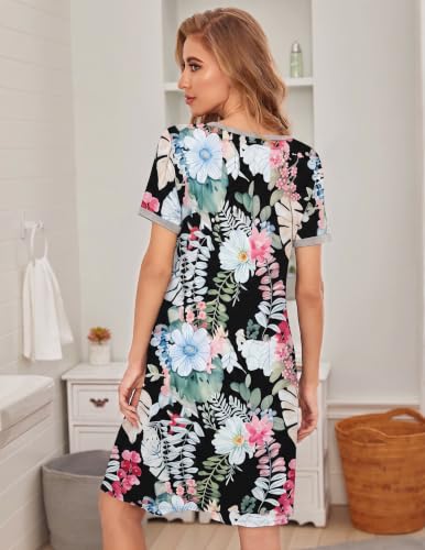 Image of Ekouaer Women's Nightgown Short Sleeve Sleepwear Comfy Sleepshirts Pleated Scoopneck Nightshirt S-XXXL
