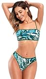 SHEKINI Damen Bandeau Bikini Set Bestickt Bademode Zurück Schnüren Bikini Oberteil Low Waist Bikinihose Große Größe Badebekleidung Gepolstert Strandbikini (Grün, M)