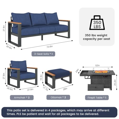 Image of Sundale Outdoor Aluminum Patio Furniture Set, 6 Piece Outdoor Conversation Sets with Fire Pit and 6 inch Thick Olefin Cushions, All Weather Outdoor Sectional Set for Deck, Lawn, Yard