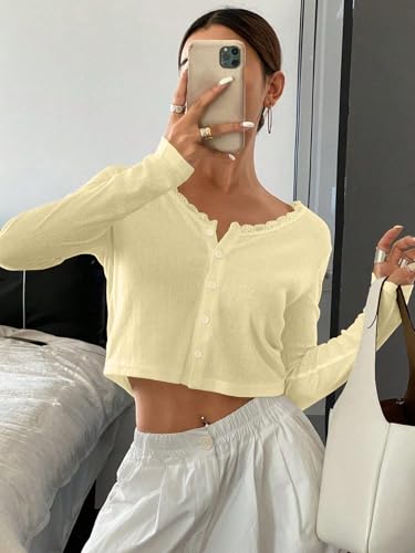 BAIGRAM Women Long Sleeve Button Down Open Front V Neck Crop Cardigan Shirt Y2K Lace Patchwork Pointelle Knit Minimalist Tops2