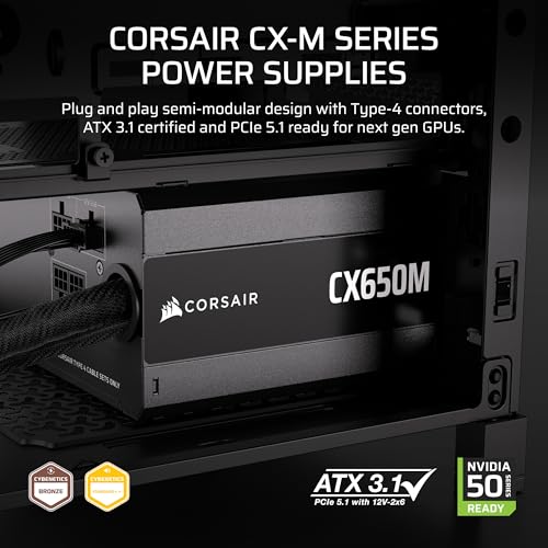 CORSAIR CX650M (2025) Semi Modular ATX 3.1 PCIe 5.1 Low-Noise 650W Power Supply with 12V-2x6 Cable – Cybenetics Bronze Efficiency, LLC Topology, 105°C Capacitors – Black - Image 3