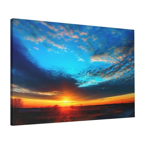Toile murale moderne encadrée motif coucher de soleil bleu
