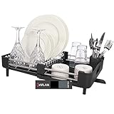 Baflan Expandable Dish Drying Rack - Full Size Metal Dish Drying Rack for Plates, Bowls, Cups, Pans - Self-Draining Rack with Drain Spout and Detachable Cutlery Holder and Dish Strainer - Black