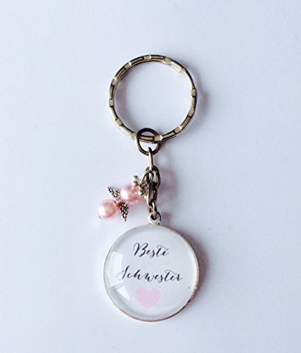 Preisvergleich Produktbild Handgemachter Cabochon Schlüsselanhänger Beste Mama, mit Schutzengel, Weihnachten, Muttertag, Geburtstag (Beste Schwester rosa)