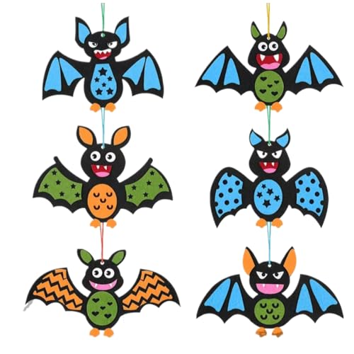 OUDQFCJ 6 peças conjunto trabalhos manuais Halloween com campainhas vento madeira morcego, pingente para festas, brinquedo DIY criativo crianças, presente ideal para carnaval, aniversário ou projetos