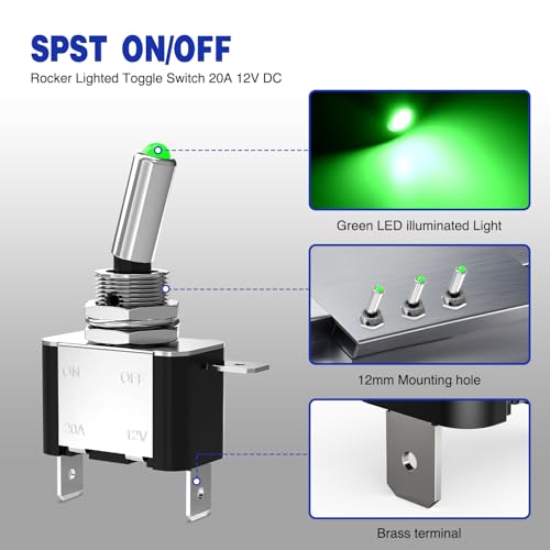 image for Nilight 3PCS Green LED Toggle Switches 12V 20A 3 Pin 2 Position ON Off
